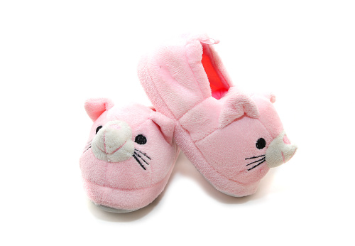 Pink Kids Slippers with mouse design isolated on white