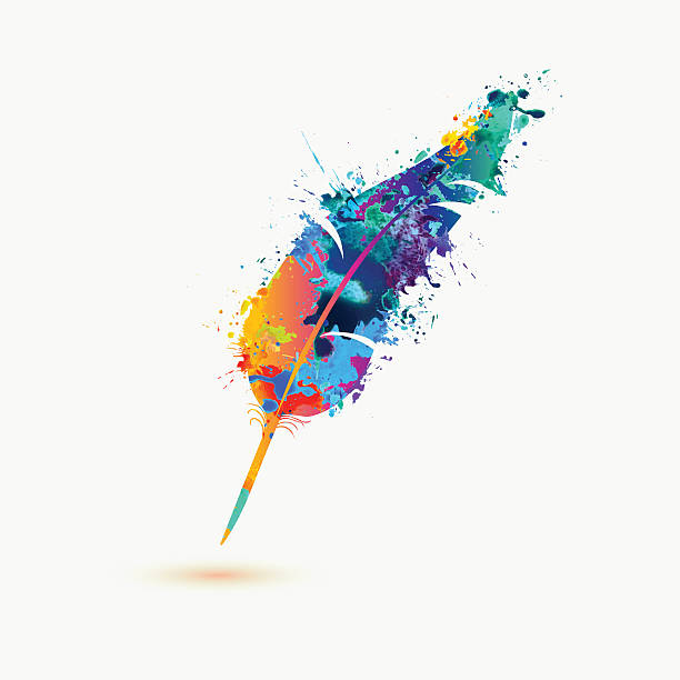 illustrazioni stock, clip art, cartoni animati e icone di tendenza di penna piuma. arcobaleno vernice spruzzata - creativity