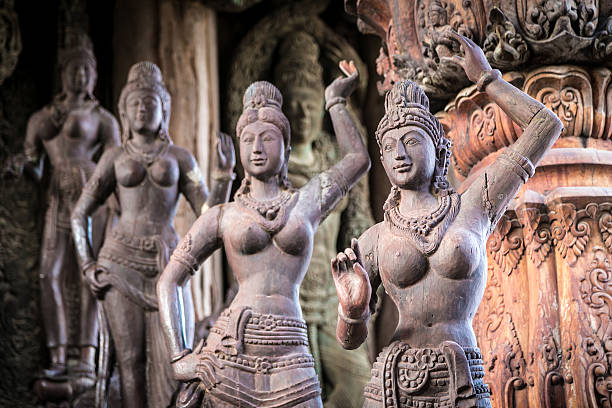 beautiful wooden statues on the sanctuary of truth in pattaya, thailand.