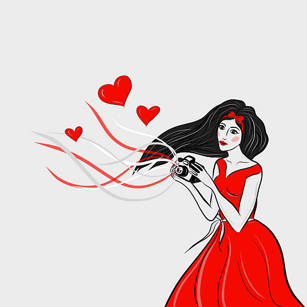 Beautiful photographer girl in red dress holding photo camera with lines and heart coming out of it. Drawing.