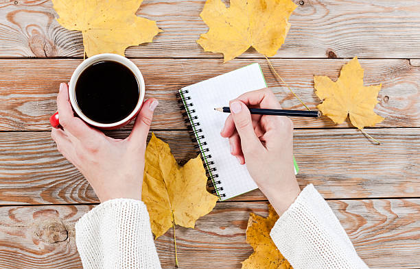 istock Female hand writing in notebook near cup of coffee 504492094
