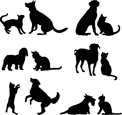 A vector silhouette illustration of multiple images of the freindship between a cat and dog either playing or posing together.