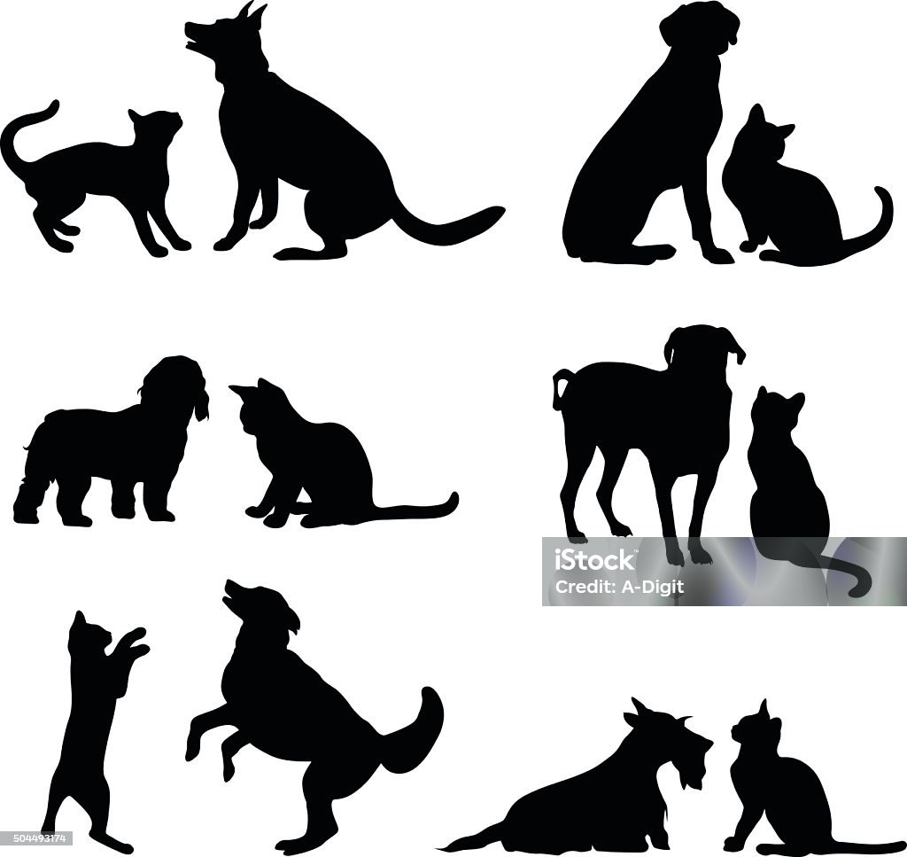 Cat And Dog Friends A vector silhouette illustration of multiple images of the freindship between a cat and dog either playing or posing together. Dog stock vector