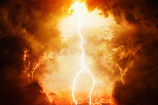 Apocalyptic dramatic background - bright lightning in dark red stormy sky, judgment day, hell
