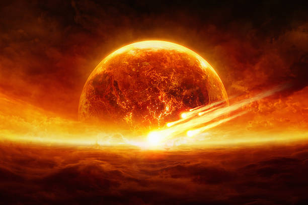 esplodere il pianeta - judgement day sky burning red foto e immagini stock