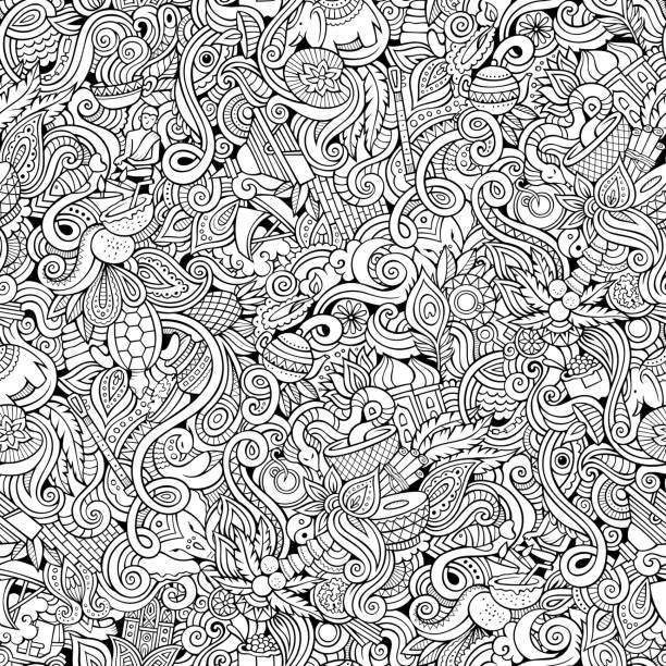 Cartoon hand-drawn doodles on the subject of Indian seamless pattern Cartoon hand-drawn doodles on the subject of Indian style theme seamless pattern. Contour vector background sri lanka pattern stock illustrations