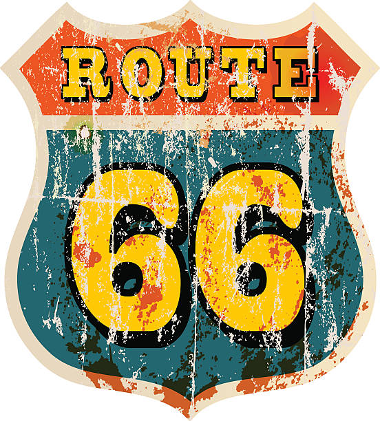 ретро маршрут 66 знак дорожного - route 66 retro revival grunge symbol stock illustrations