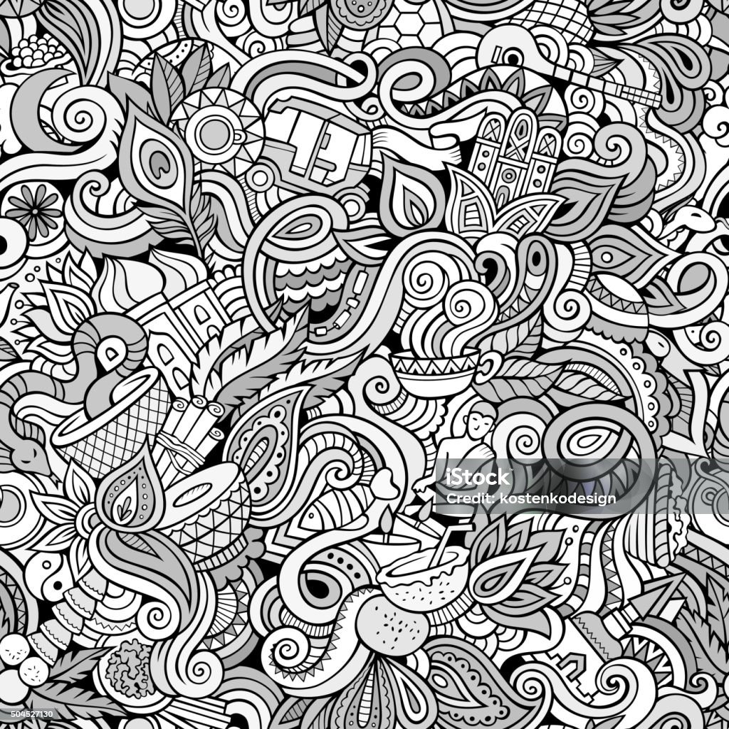 Cartoon hand-drawn doodles on the subject of Indian seamless pattern Cartoon hand-drawn doodles on the subject of Indian style theme seamless pattern. Contour vector background Backgrounds stock vector