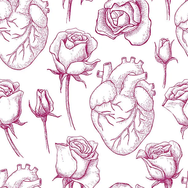 Vector illustration of Vector seamless pattern with anatomical human heart and botanica