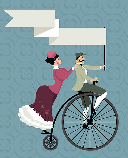 Vintage biking Victorian age couple riding a penny farthing bicycle, holding an empty banner over their heads, EPS 8 vector illustration, no transparencies penny farthing bicycle stock illustrations