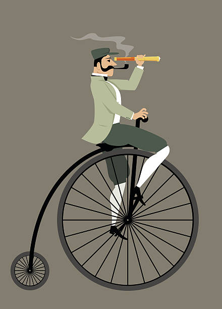 Penny-farthing Victorian gentleman with a pipe and a telescope riding a penny-farthing bicycle, EPS 8 vector illustration penny farthing bicycle stock illustrations