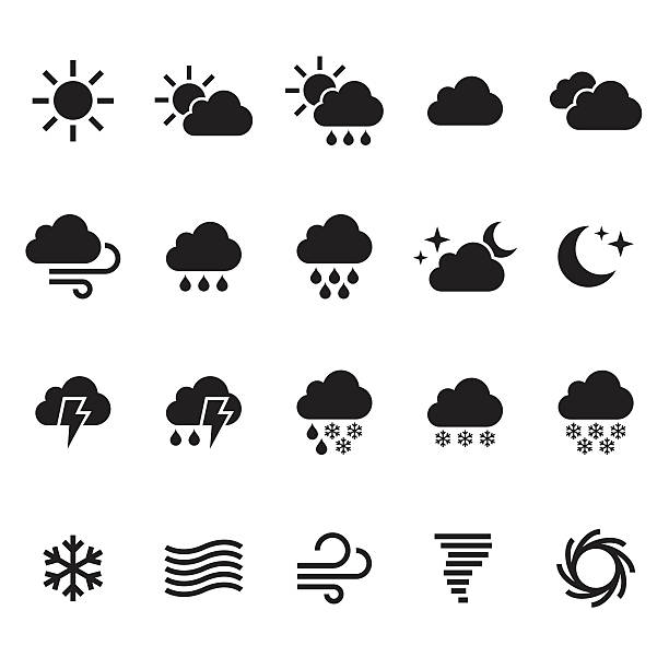 illustrazioni stock, clip art, cartoni animati e icone di tendenza di set di icone meteo. vettoriale - nube immagine