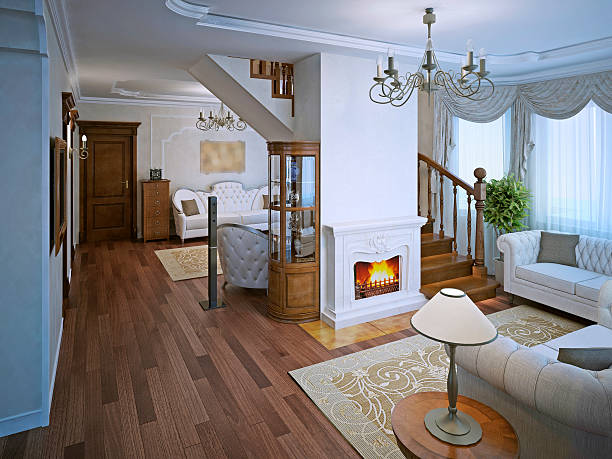 istock Lounge in art deco style with fireplace 504534220