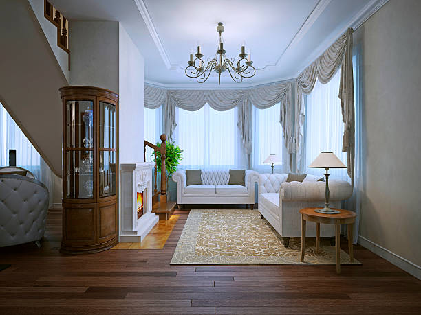 istock Bright interior of expensive living with fireplace 504534402