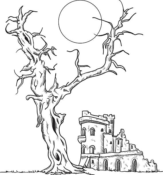 ilustraciones, imágenes clip art, dibujos animados e iconos de stock de árbol y ruinas del castillo - grass nature dry tall
