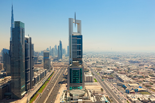 desert cityscape of dubai´s famous sheikh zayed road, united arab emirates.