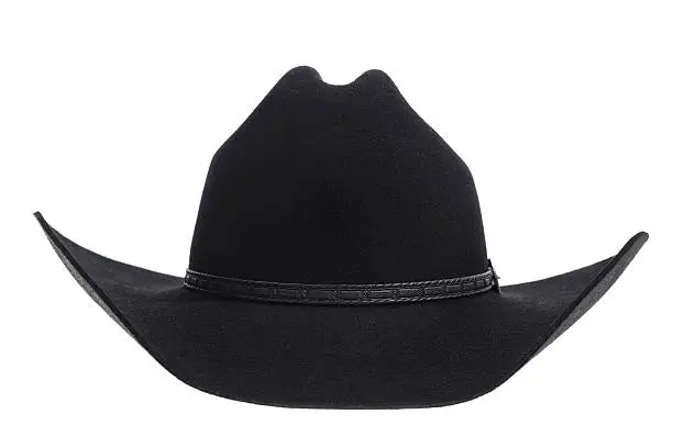 A straight on view of a black felt Cowbot hat isolated on white background