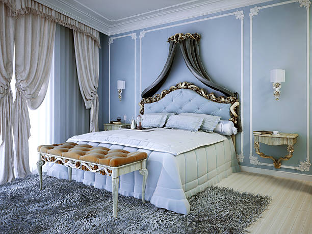 Expensive double bed with upholstery bedhead Expensive double bed with upholstery bedhead in bedroom with blue walls. Small sconces on both sides of bed. 3D render silver platter stock pictures, royalty-free photos & images