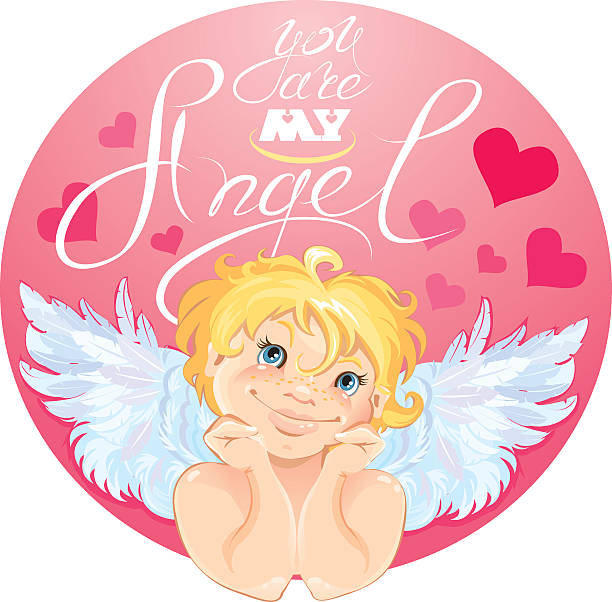 istock Cute Cupid in round pink frame. Valentines Day card 504538134