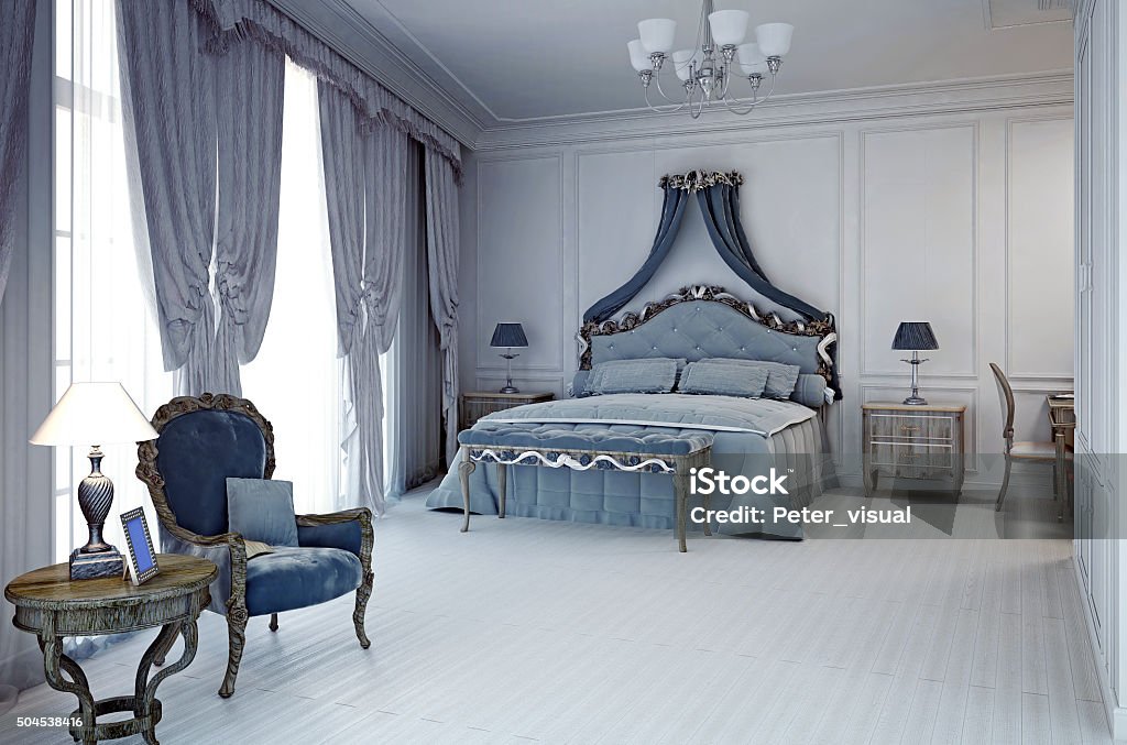 Royal hotel room in classic style Royal hotel room in classic style. 3D render Bedroom Stock Photo