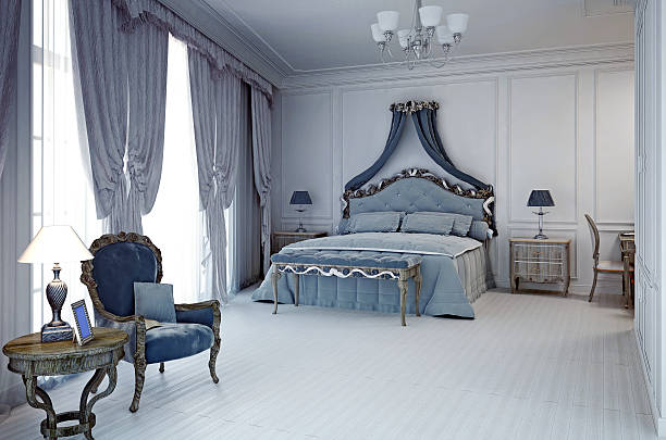 Royal hotel room in classic style Royal hotel room in classic style. 3D render head board bed blue stock pictures, royalty-free photos & images