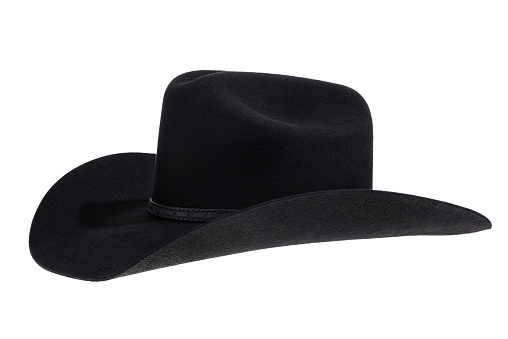 A three quarter view of a black felt Cowbot hat isolated on white background