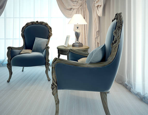 Two armchairs of navy colored leather. Hand mane chairs in living room art deco style. 3D render
