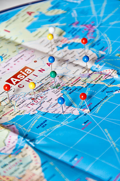 istock Blue world map with colorful Pin 504541499
