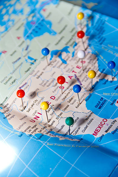 istock Blue world map with colorful Pin 504541501