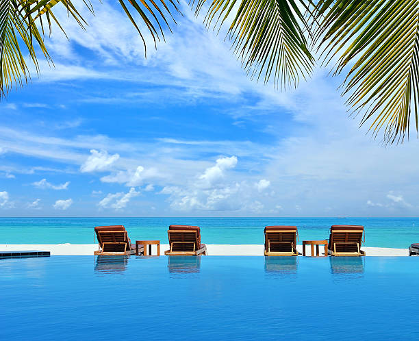 cama solar junto a la piscina en una playa tropical del complejo turístico - swimming pool resort swimming pool poolside sea fotografías e imágenes de stock