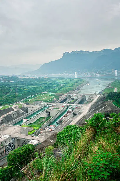 High angle view of Three Gorges Dam ship locks.