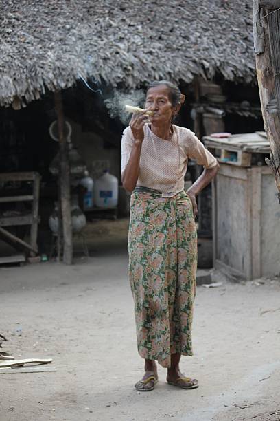 vieille femme asiatique fumer un cigare - handroll photos et images de collection