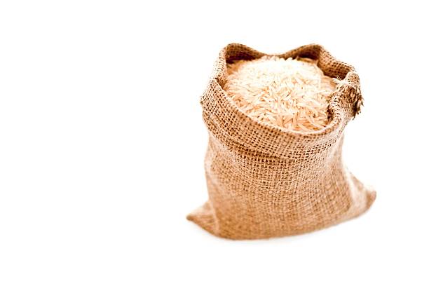 White long rice in burlap sack