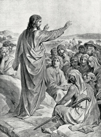 Image from 1892 showing Jesus giving the sermon on the mount from the Biblical story.