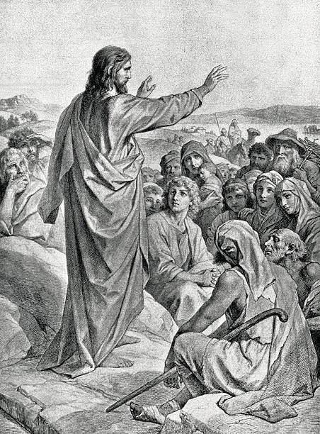 Sermon On The Mount Image from 1892 showing Jesus giving the sermon on the mount from the Biblical story. vintage jesus stock illustrations