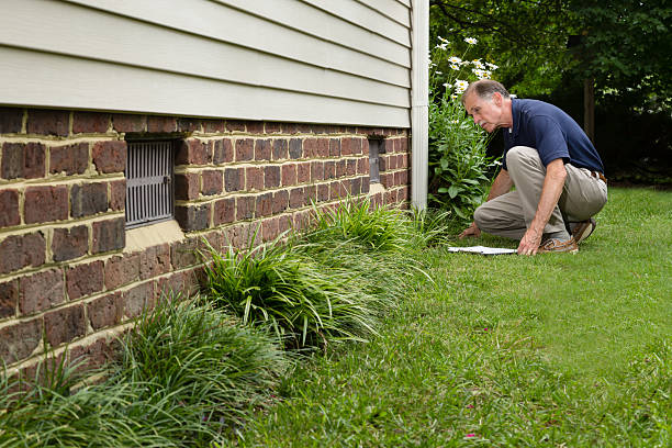 istock Home inspector with clipboard examines a home's brick foundation 504561753