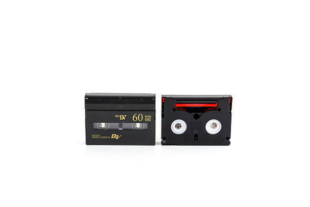 mini dv cassette isolato su sfondo bianco - dv cassette case foto e immagini stock