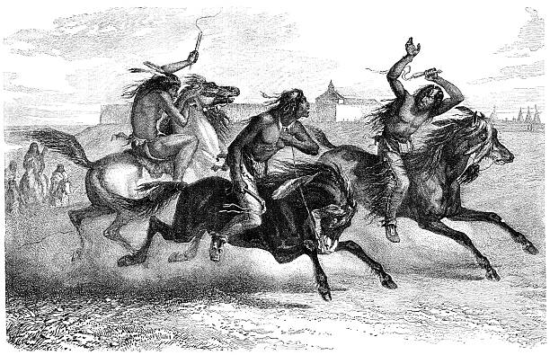 ilustraciones, imágenes clip art, dibujos animados e iconos de stock de nativos americanos riding caballos - chief sitting bull
