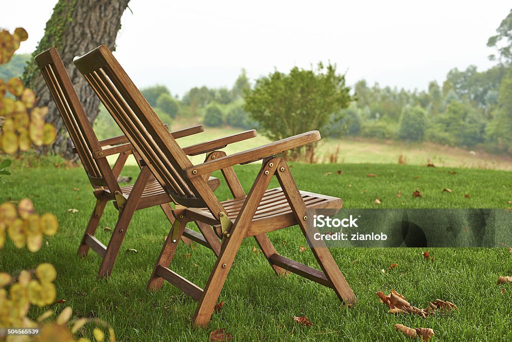 Two empty deck chairs. Two deck chairs. Armchair Stock Photo