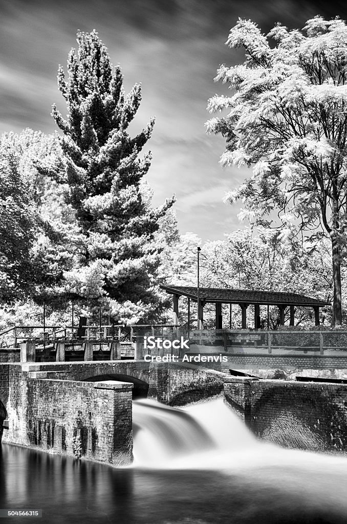 Lunga esposizione a raggi infrarossi e diga di pietra cascata nella foresta - Foto stock royalty-free di Acqua