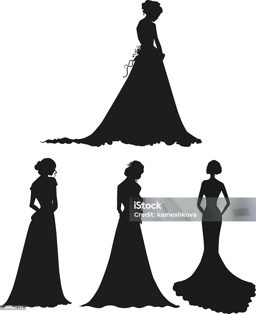 young women in long dresses silhouettes. Brides. Outline. Vector illustration. - Royalty-free Silhouet vectorkunst