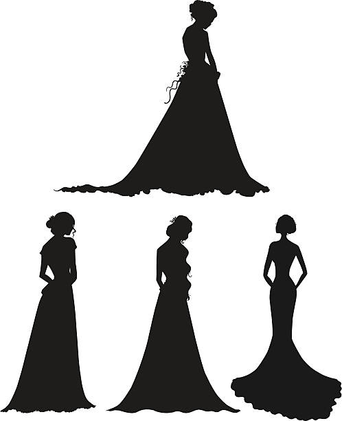 stockillustraties, clipart, cartoons en iconen met young women in long dresses silhouettes. brides. outline. vector illustration. - wedding back