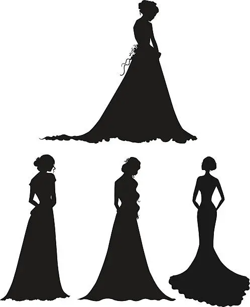 Vector illustration of young women in long dresses silhouettes. Brides. Outline. Vector illustration.