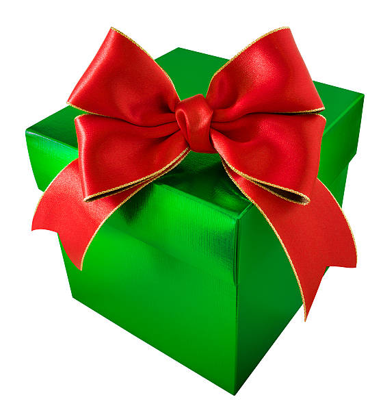 istock Double bow red gold ribbon with green metallic gift box 504567463