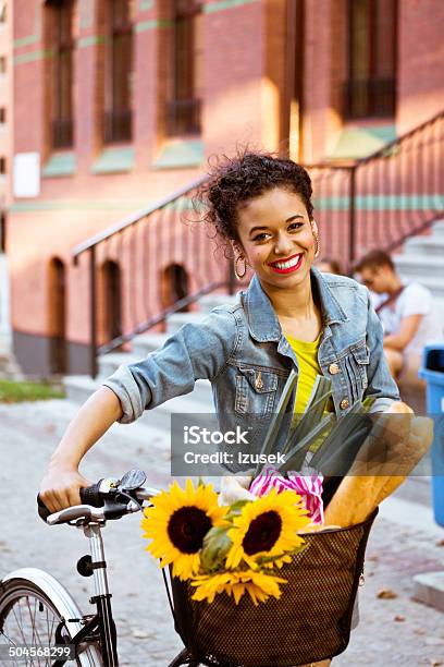Happy Female Cyclist Stock Photo - Download Image Now - Bicycle, City, Groceries