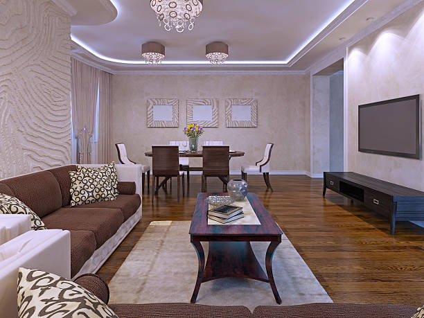 istock Elegant lounge room design in cream and brown 504572002