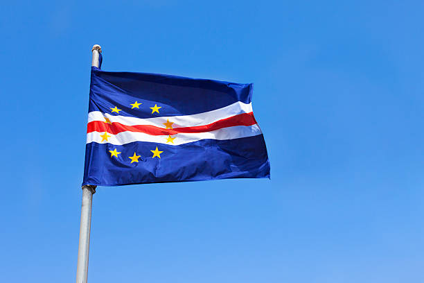 istock Cape verde flag waving on wind over a blue sky 504575024