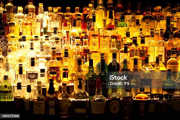 Various Liquor Bottles Backlit Stock Photo - Download Image Now - Alcohol - Drink, Bottle, Hard Liquor