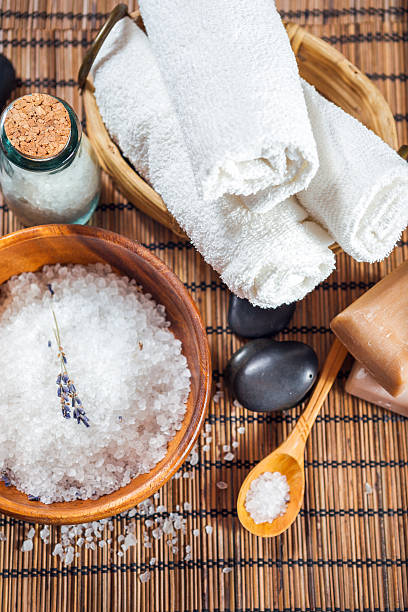 istock Composition of spa treatment on wooden background 504576152