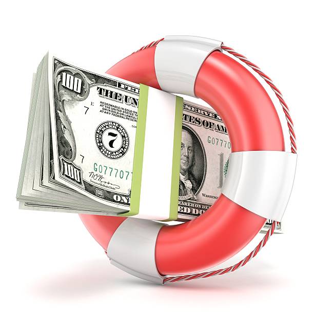 istock Life buoy with dollars banknote. 3D 504576156